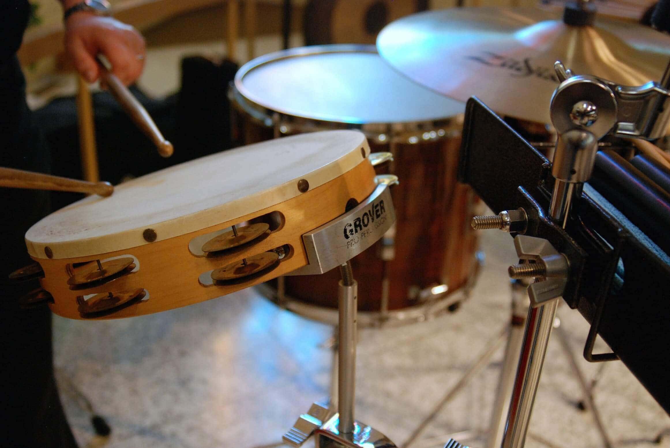 This tambourine is mounted so it can be played with drumsticks.jpg