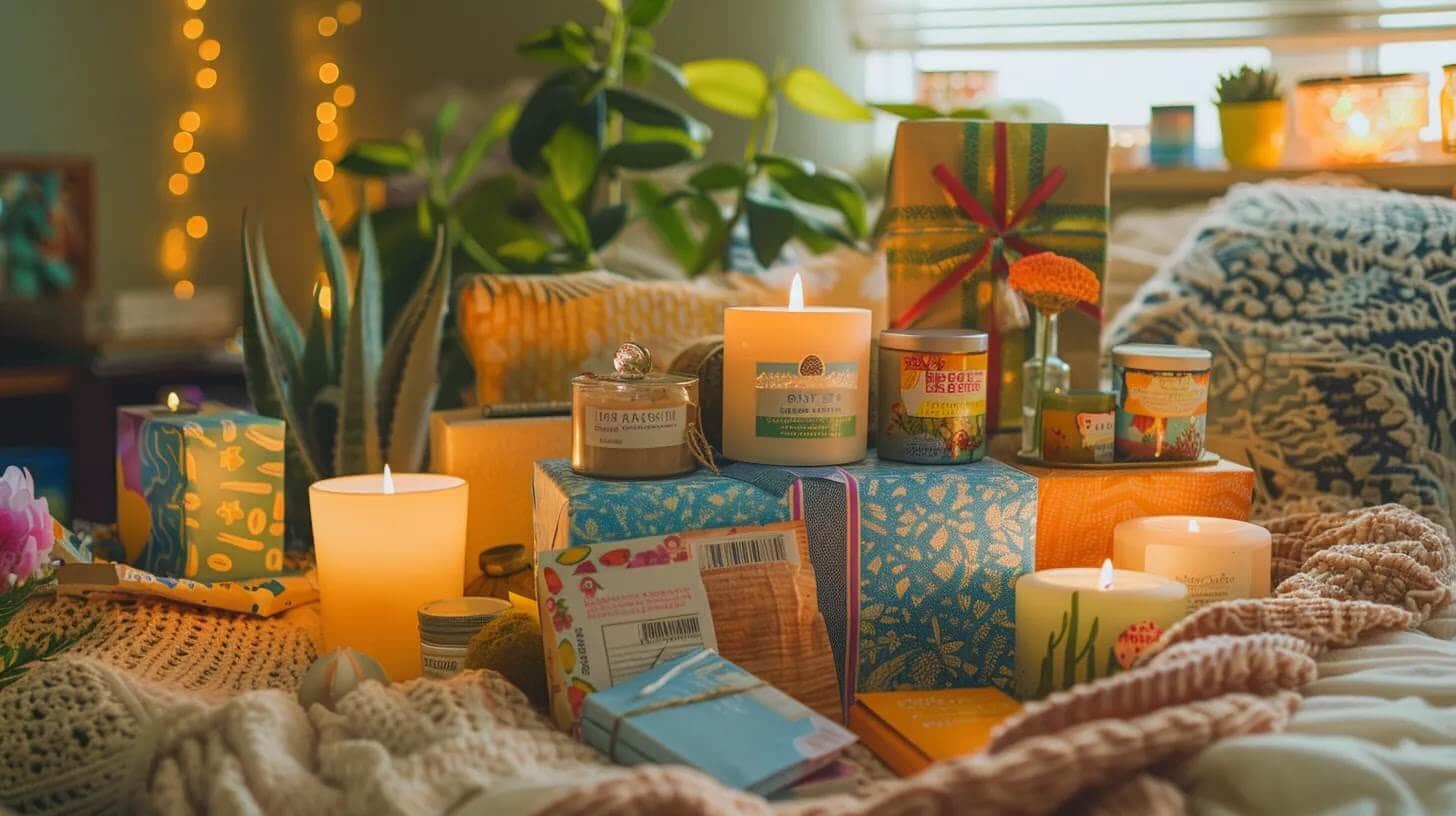 a vibrant and inviting mental health care package is artfully arranged on a soft, textured blanket, featuring serene candles, colorful self-care items, and nourishing meal gift cards, all radiating warmth and thoughtfulness in soft, natural lighting.