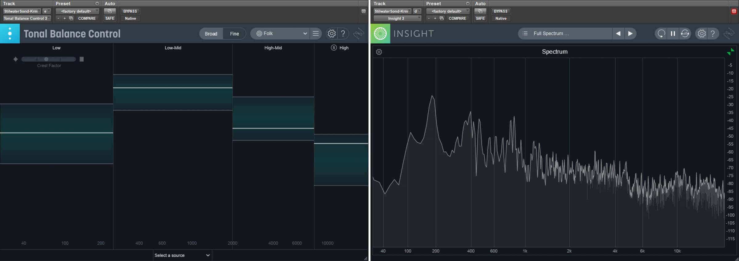 Frequency curve of the same song displayed in the Tonal Balance Control plug-in versus the Spectrum Analyzer in Insight
