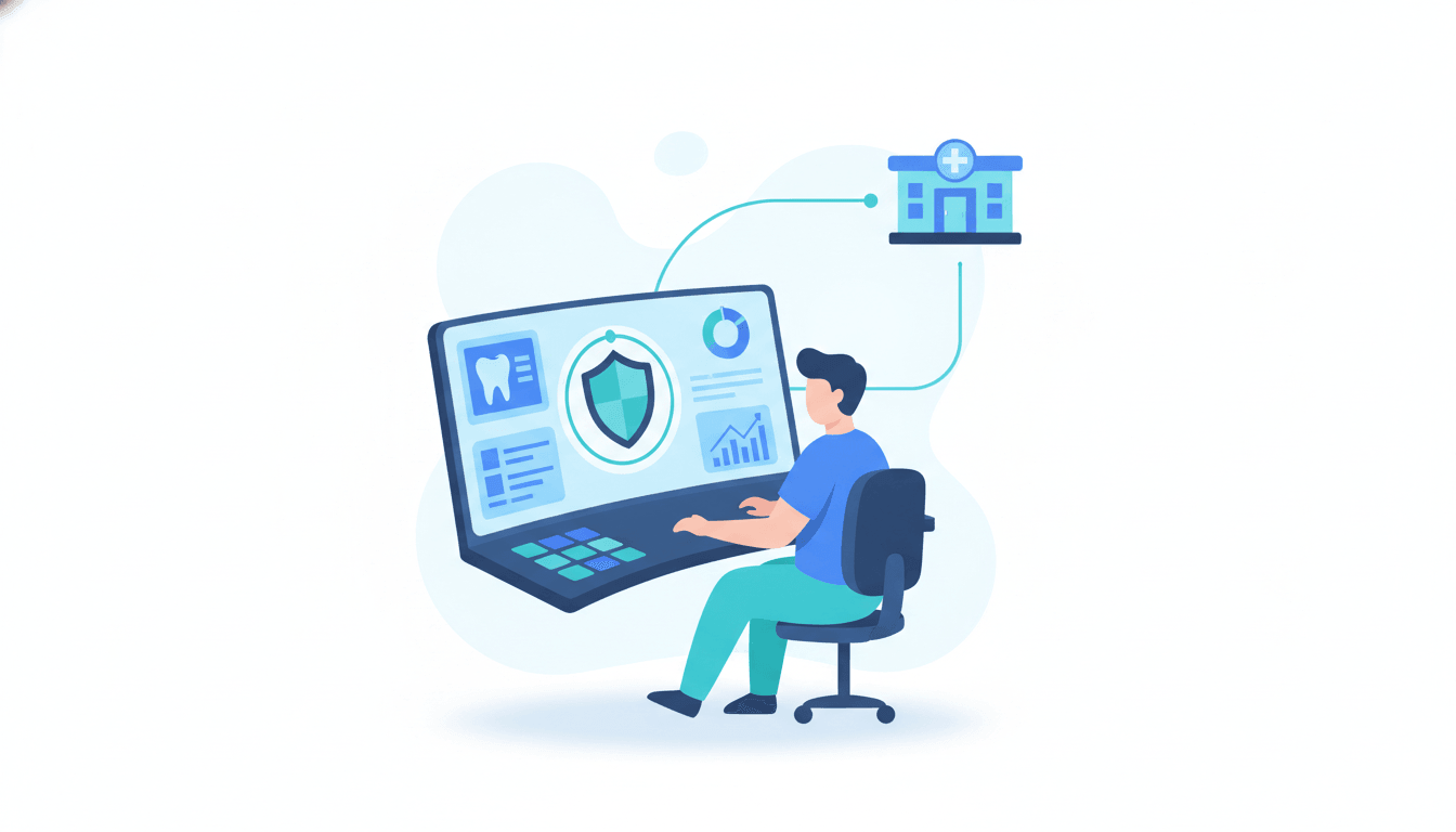 IT support technician monitoring security and network dashboards for a healthcare practice