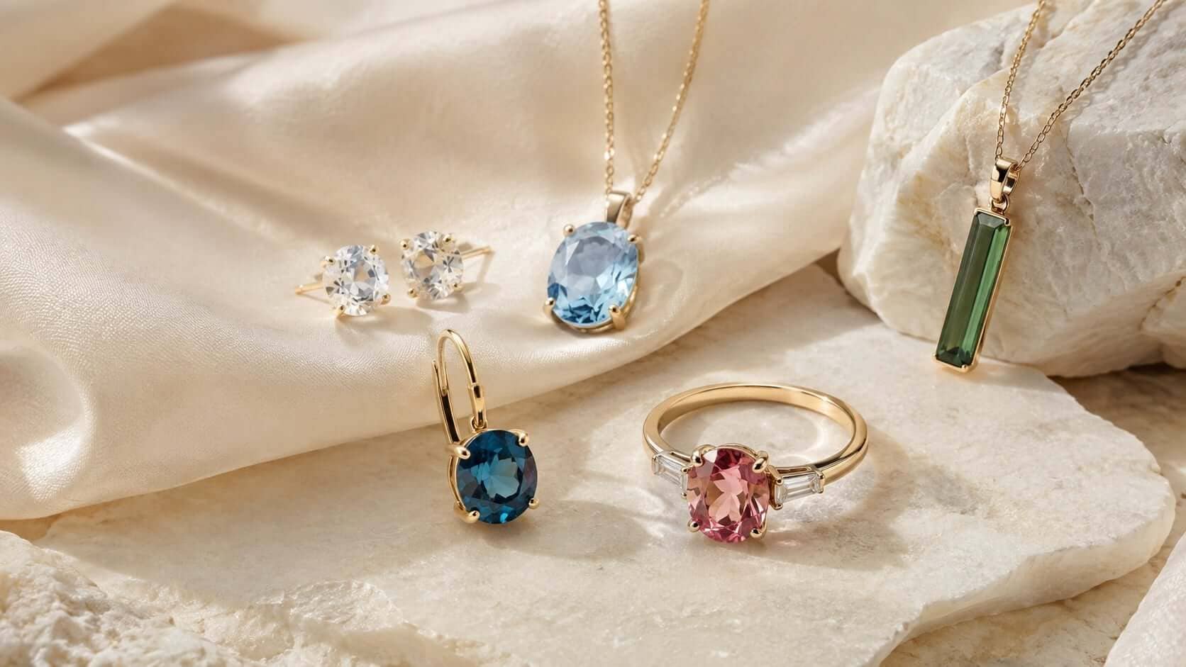 Fine jewellery showing colourless, sky blue and London blue topaz beside pink and green tourmaline tones