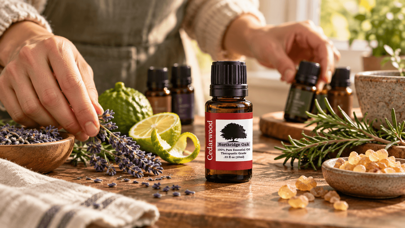 Cedarwood essential oil with bergamot, lavender, rosemary and frankincense at a blending table