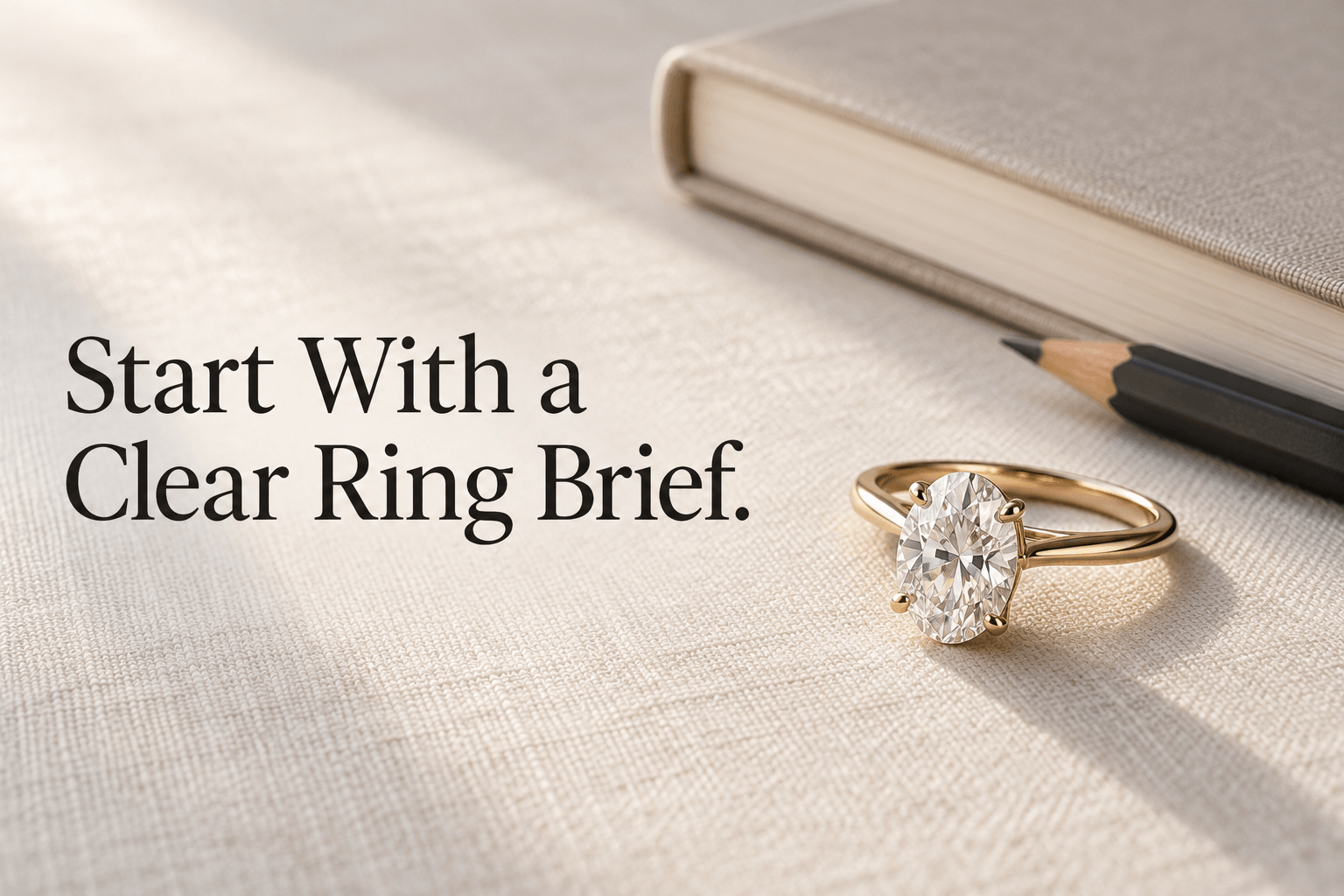 An oval diamond ring beside a closed sketchbook and pencil.