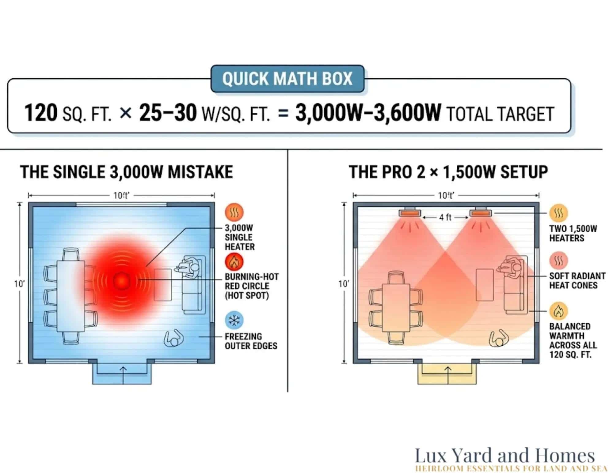 Electrical wiring diagram comparing 120V standard outlets versus 240V dedicated circuits for electric patio heaters.
