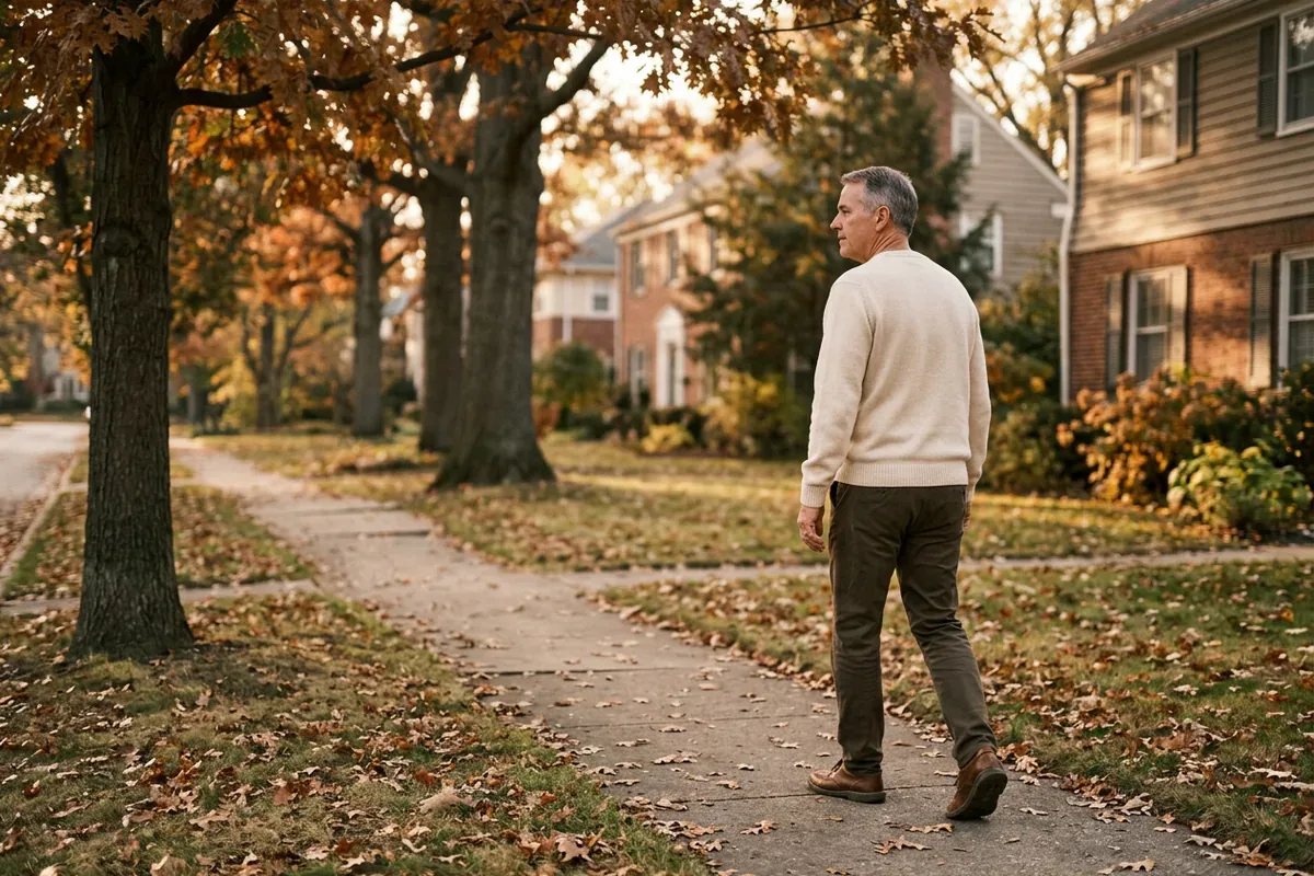 Man in his late fifties walking slowly on a quiet neighborhood sidewalk in the morning