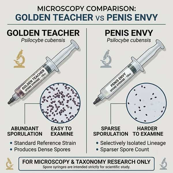 Golden Teacher vs Penis Envy Psilocybe cubensis spore syringes side by side