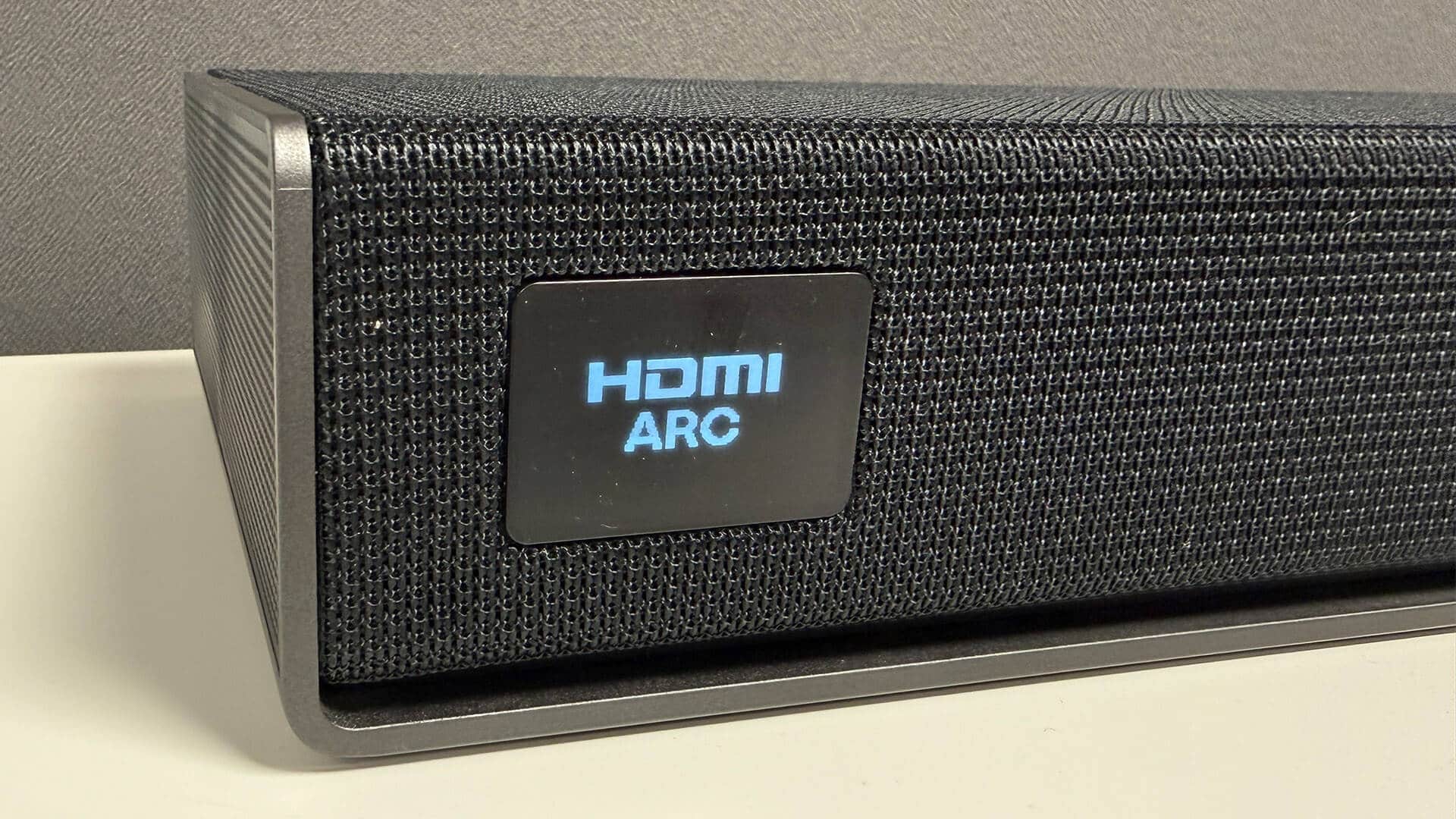 Soundbar front view highlighting LED light effects