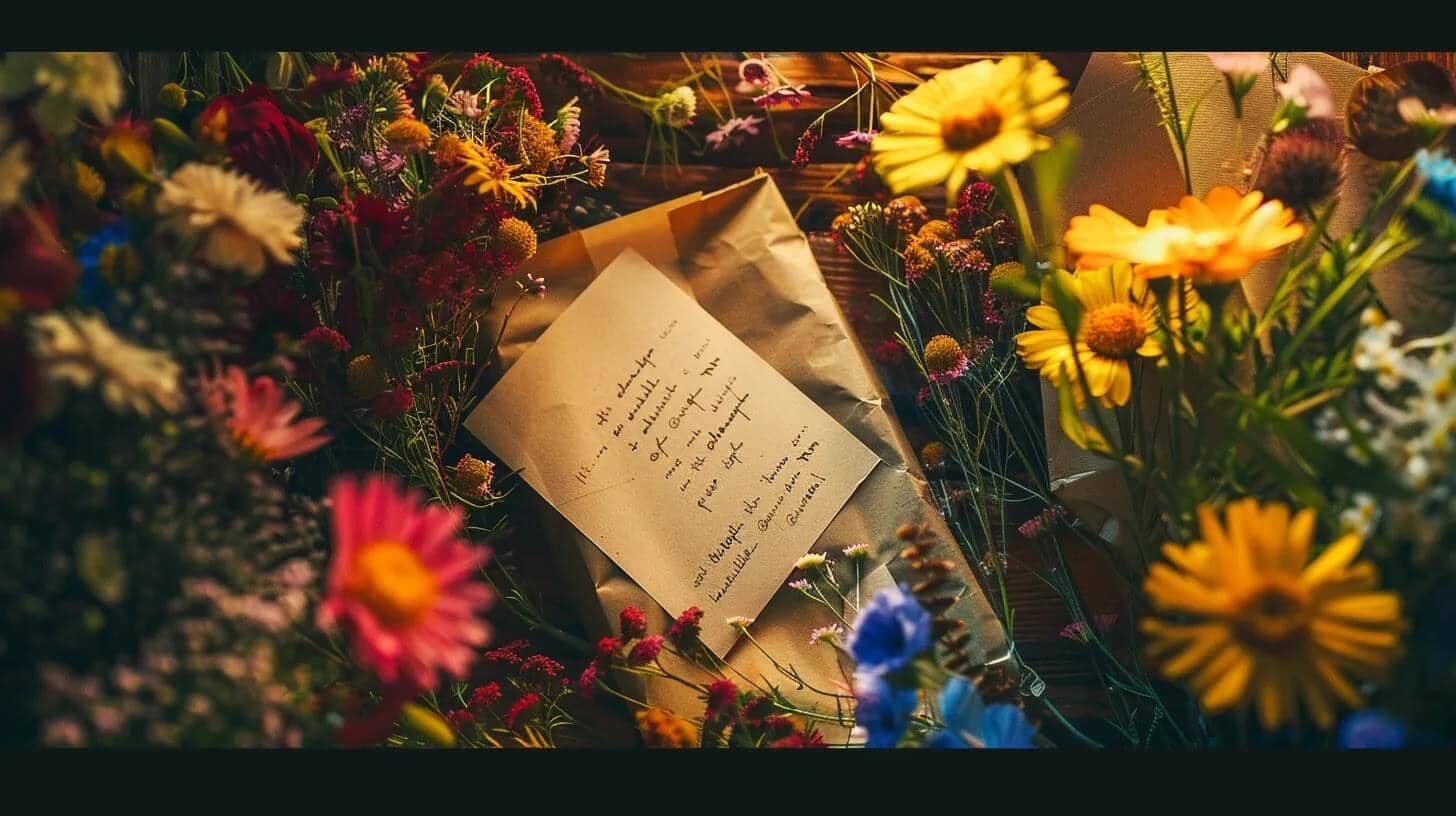 a beautifully arranged mental health care package is surrounded by vibrant wildflowers, while a heartfelt handwritten note with encouraging words rests prominently atop, bathed in warm, soft lighting to evoke a sense of comfort and compassion.