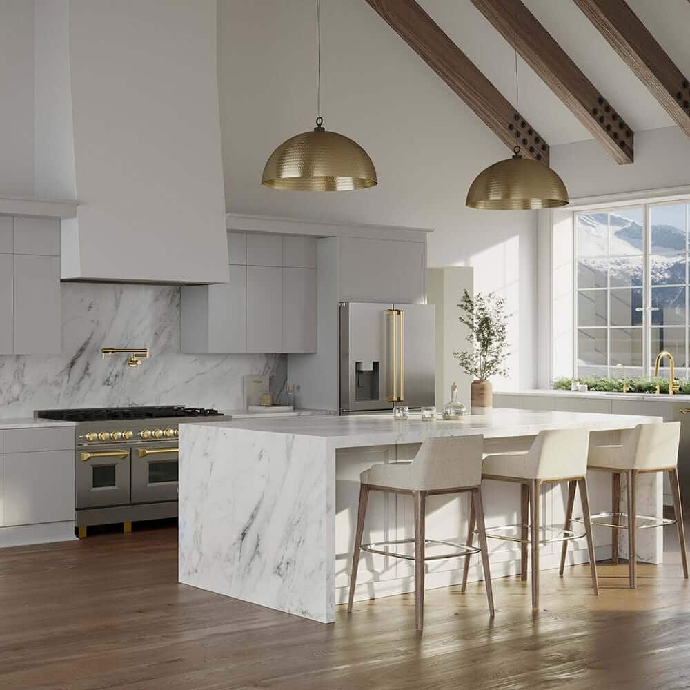 Custom Tall Plaster Range Hood in a luxury kitchen with high ceilings