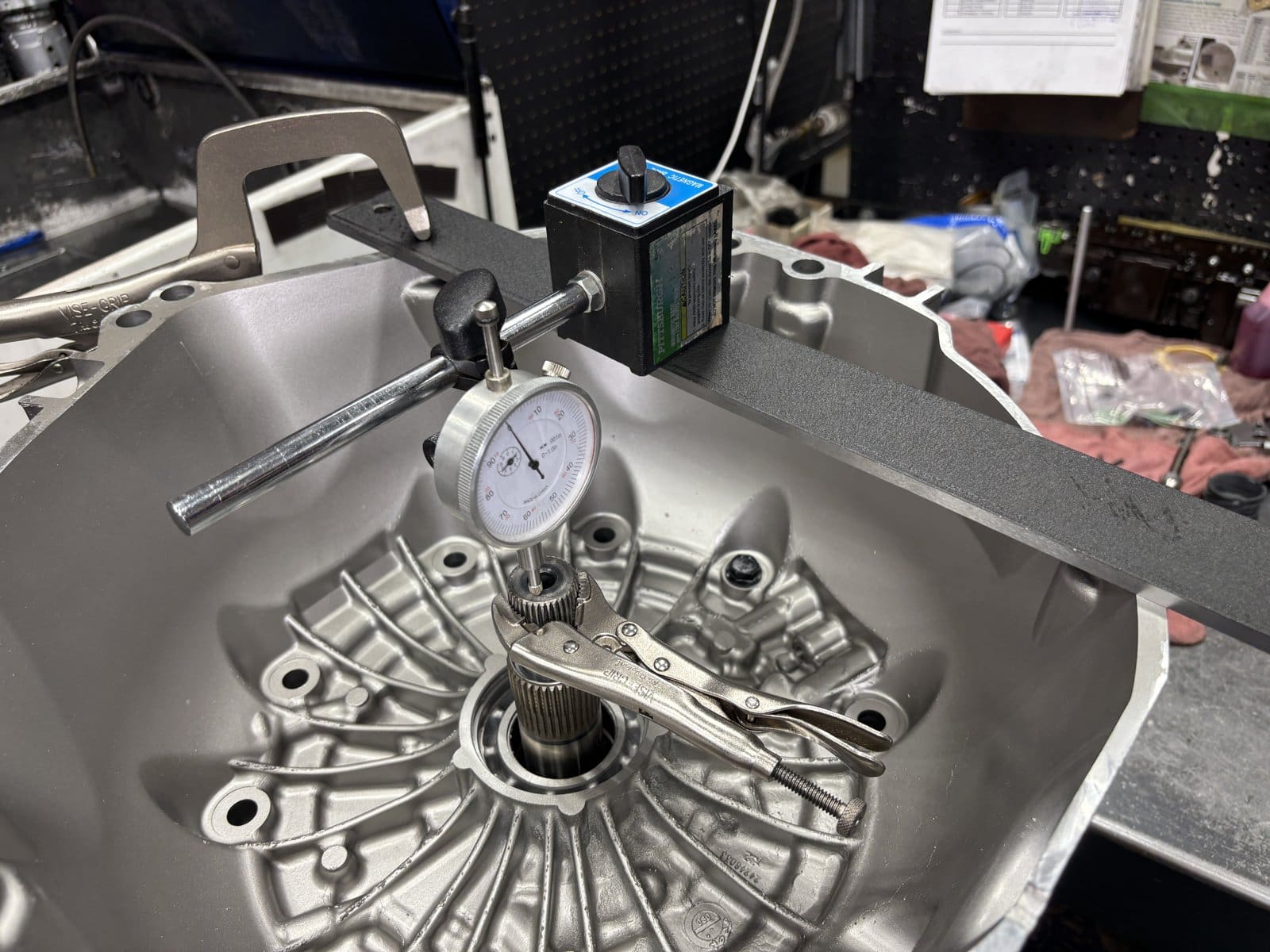 Dial indicator checking endplay on a 6L80E case at Gearstar