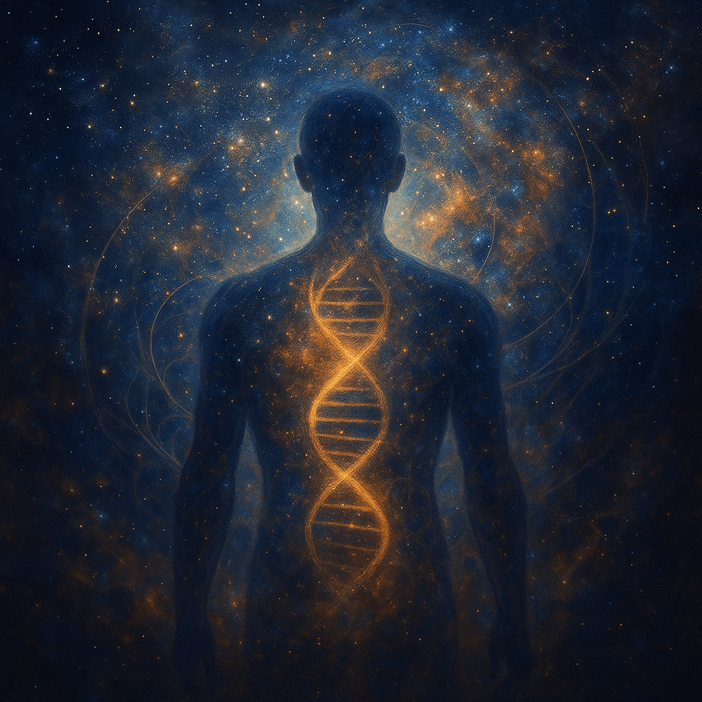 Human silhouette with DNA helix merging into the universe, symbolizing the Six Phrases of Reconnective Healing.