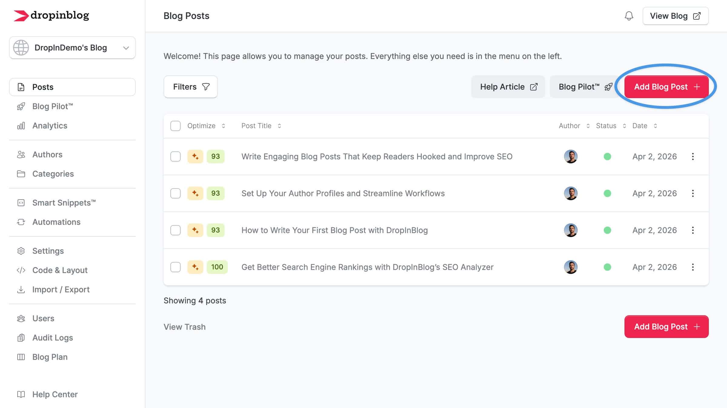 Adding new blog post from DropInDemo's admin panel