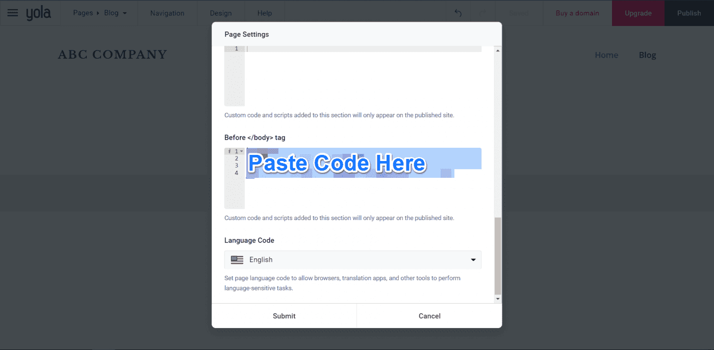 How to create a blog on Yola: embed code step 1 DropInBlog