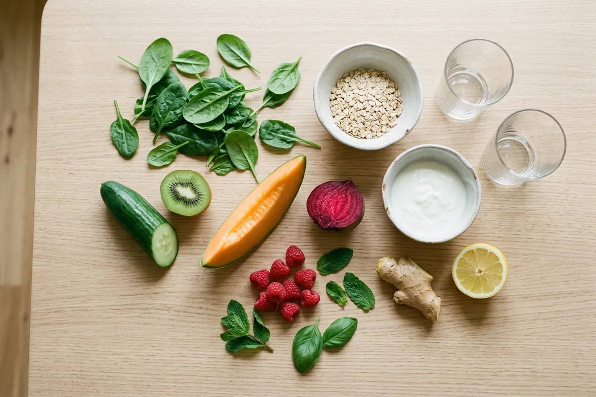 Épinards, concombre, kiwi, melon, betterave, framboises et flocons d'avoine pour des smoothies maison