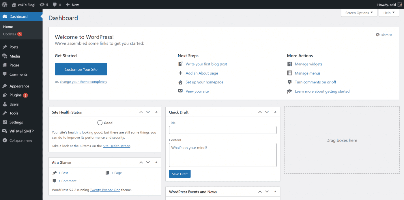 WordPress dashboard
