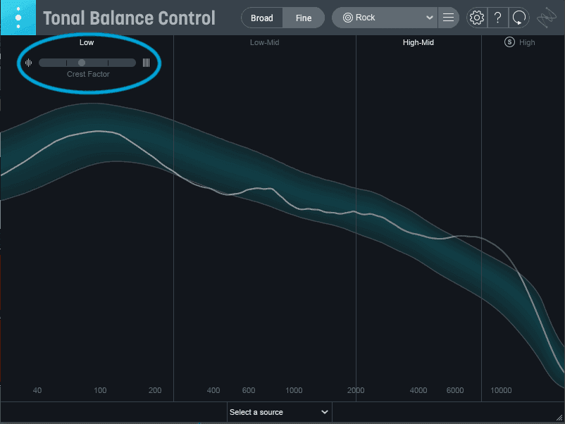 UI of Tonal Balance Control 2 with low-frequency crest factor indicator circled