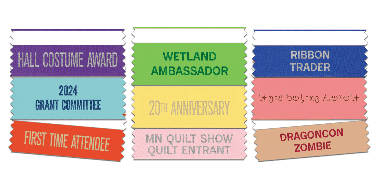 Customize tape top ribbons in bright ribbon and print colors to create name badges displaying titles, positions, superlatives, and more.