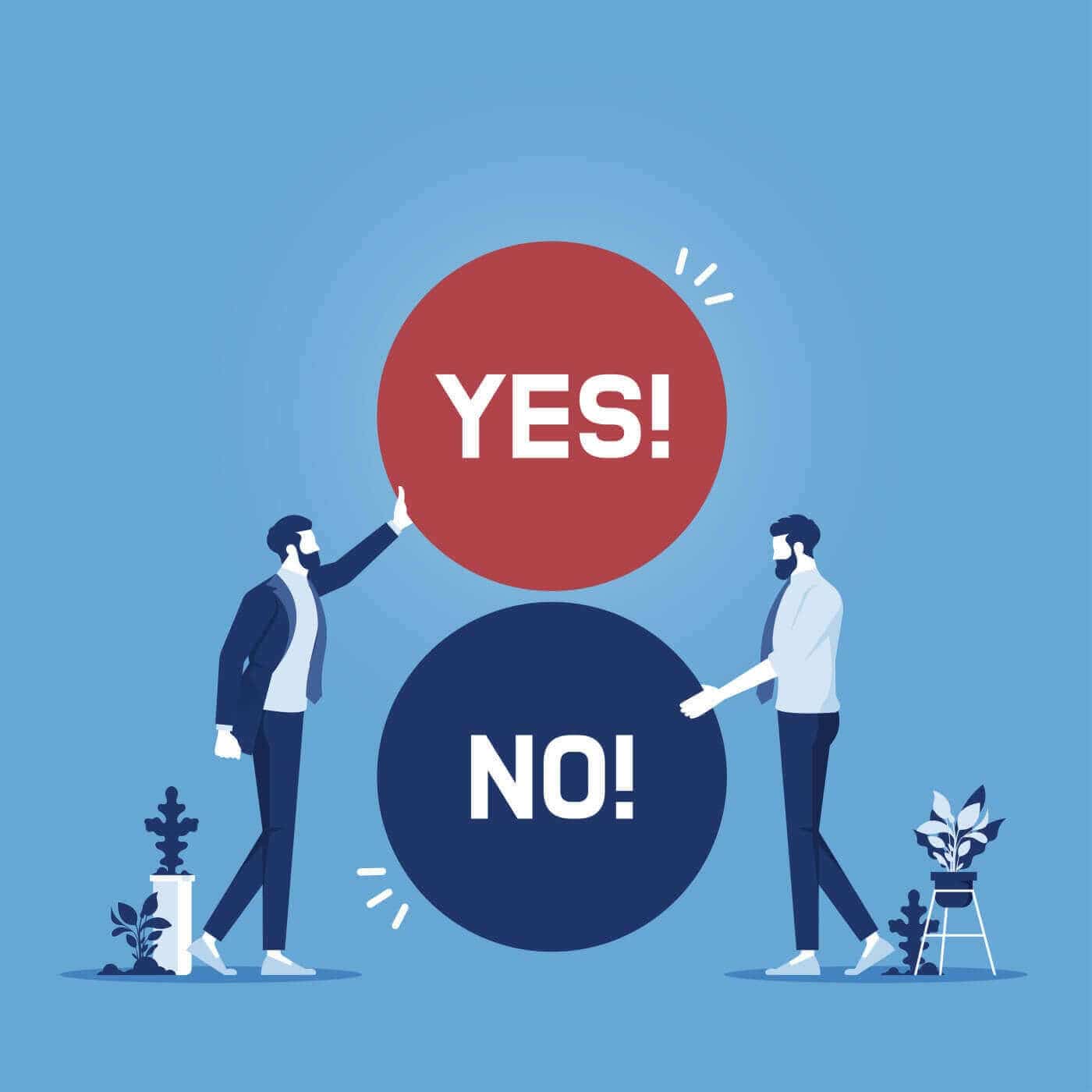 Illustration of two people beside large Yes and No buttons, representing the balance in setting redaction fees