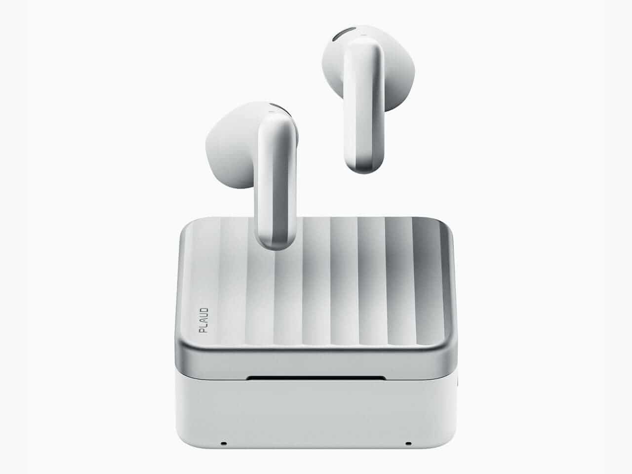 Plaud One AI earbuds displayed from another angle