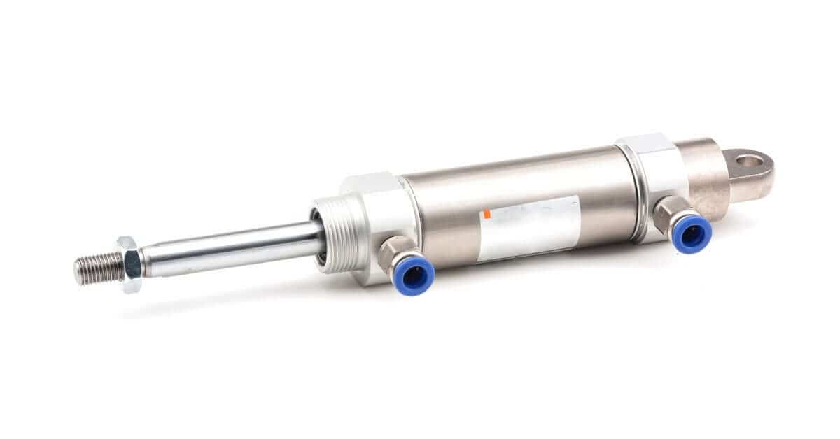 A silver pneumatic air cylinder with blue end caps and visible ports and tubing on a white background.