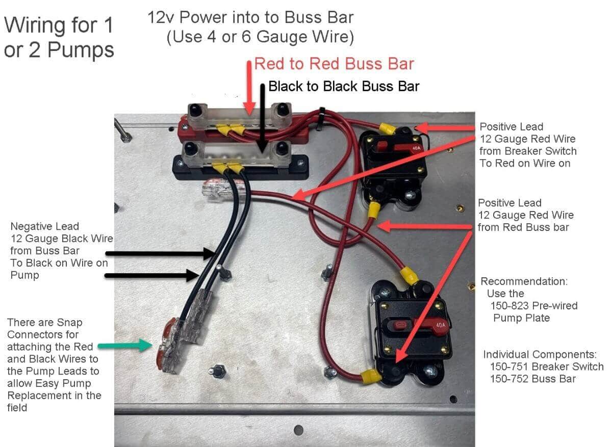 Wiring diagram showing 12V pump connections through a bus bar and circuit breaker