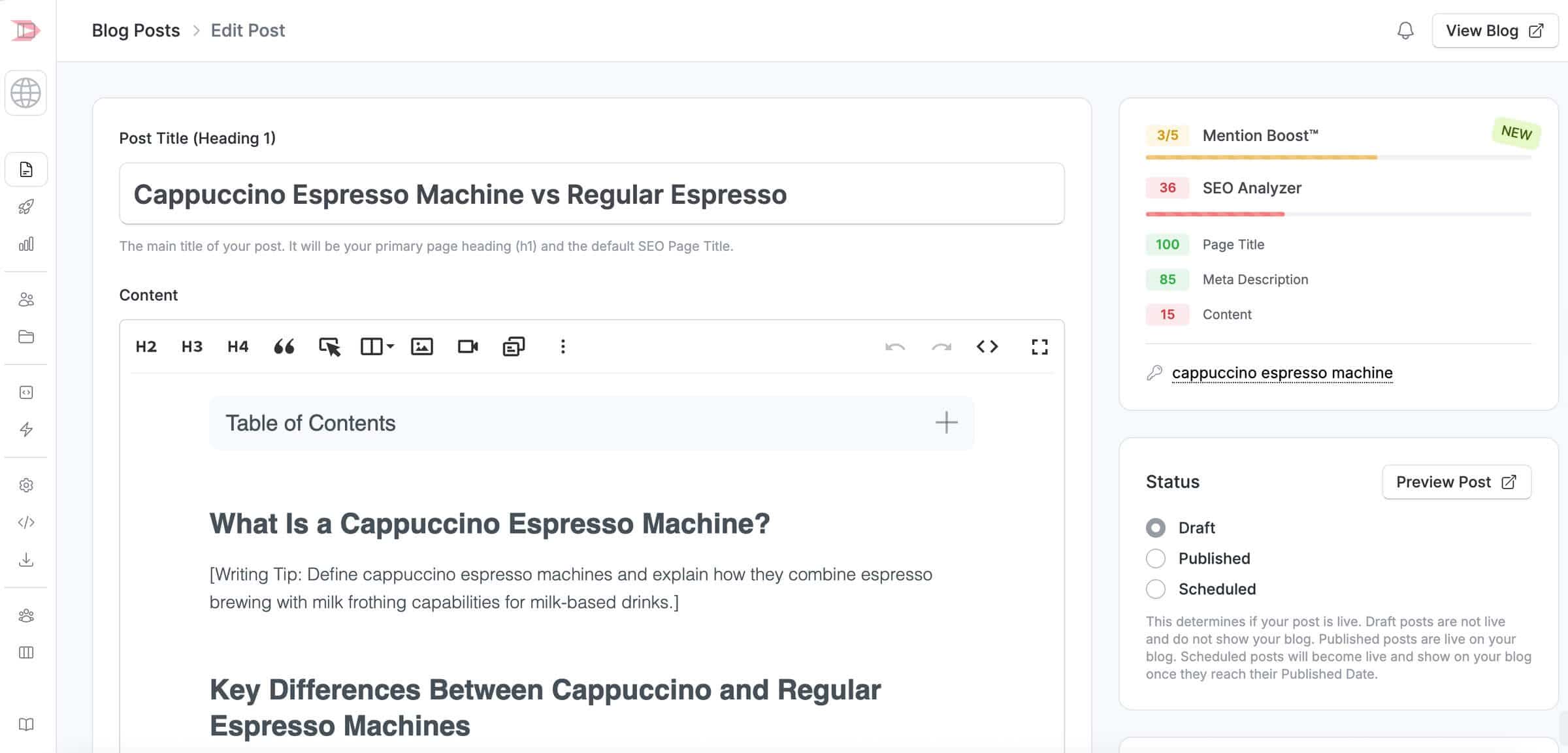 Blog post outline inside the DropInBlog editor