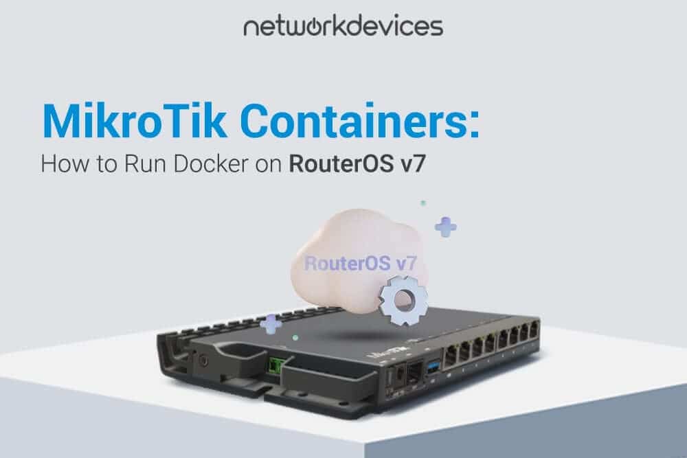 MikroTik RB5009 router with a RouterOS v7 cloud and settings icon, illustrating how to run Docker containers on RouterOS v7.
