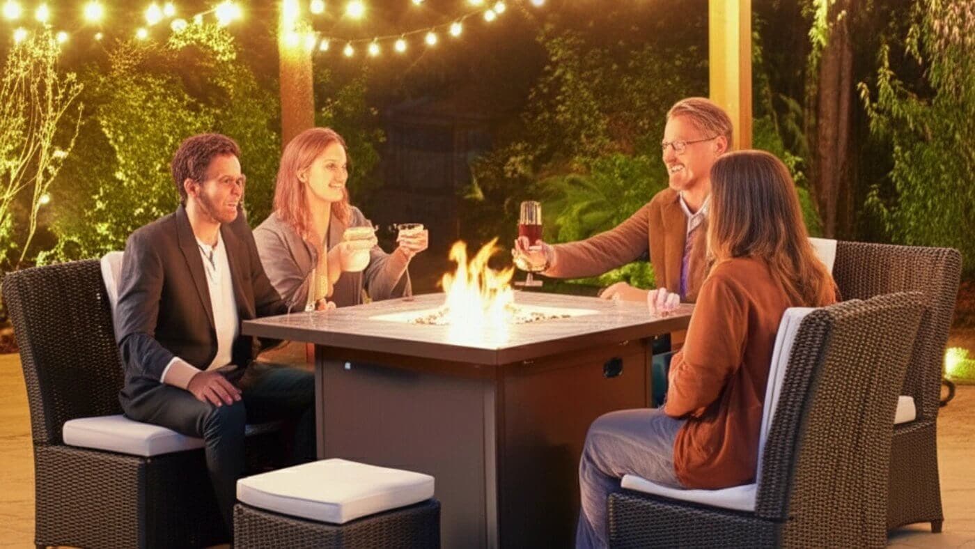 Four adults are gathered around a rectangular outdoor fire pit table with a lit flame, enjoying an evening on a patio decorated with string lights. They are seated in wicker chairs, some holding drinks, in a relaxed social setting.
