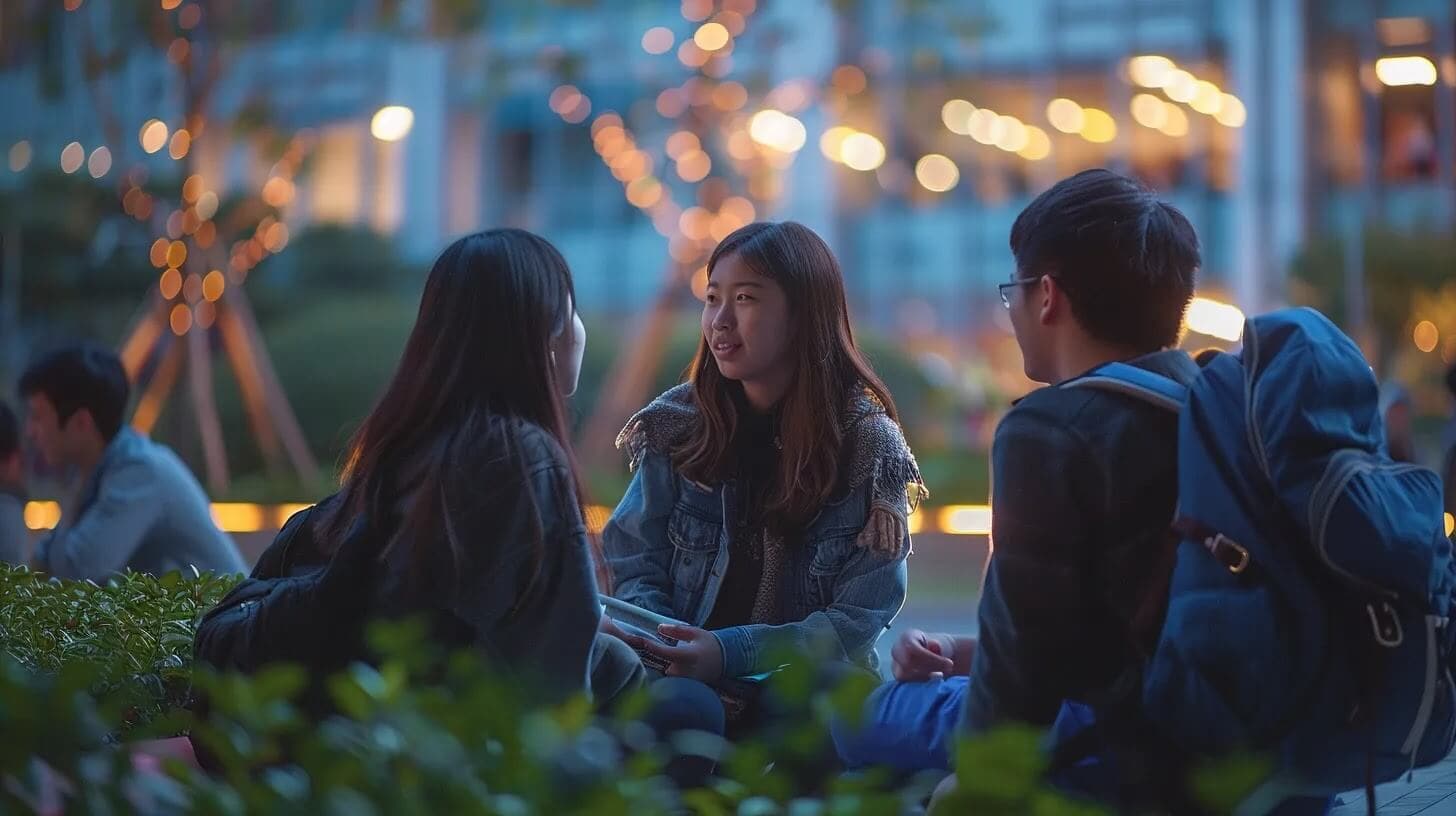 a serene campus setting at dusk, featuring a diverse group of students engaged in deep conversation under softly glowing lights, symbolizing supportive mental health resources and community connections.