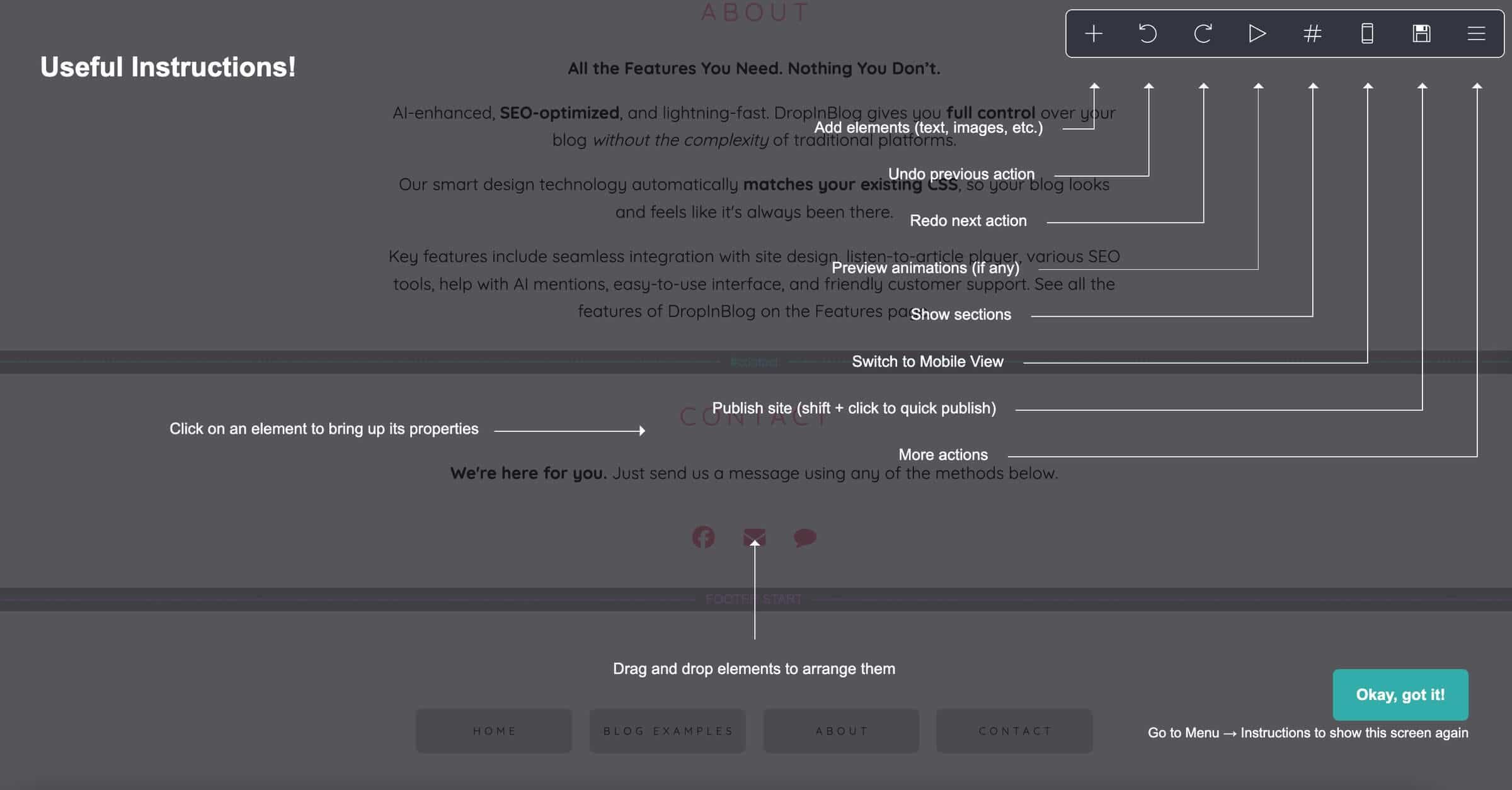 Action menu in Carrd's editor