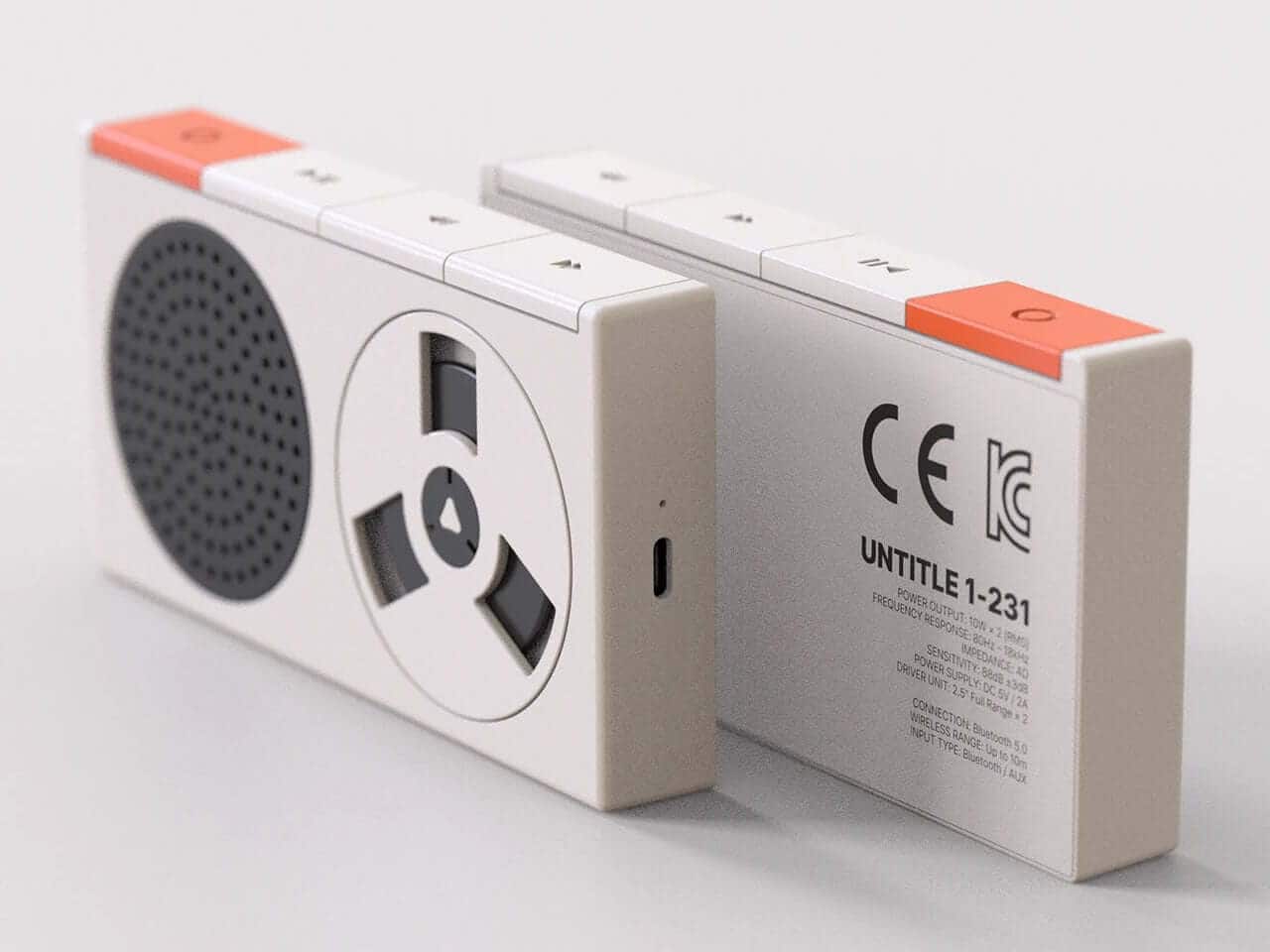 Retro-modern music player with spinning cassette player aesthetic