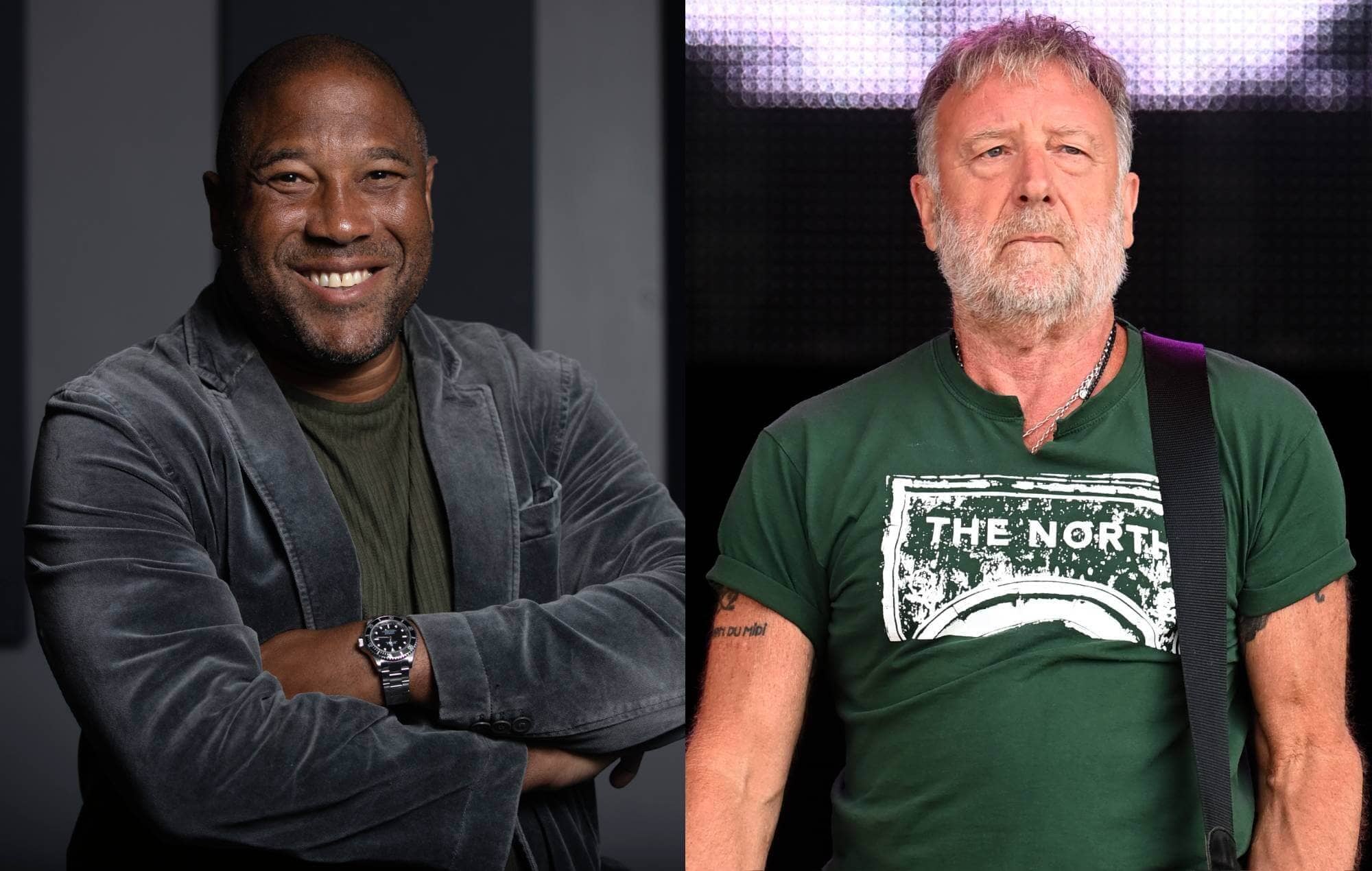 John Barnes and Peter Hook performing on stage in Manchester