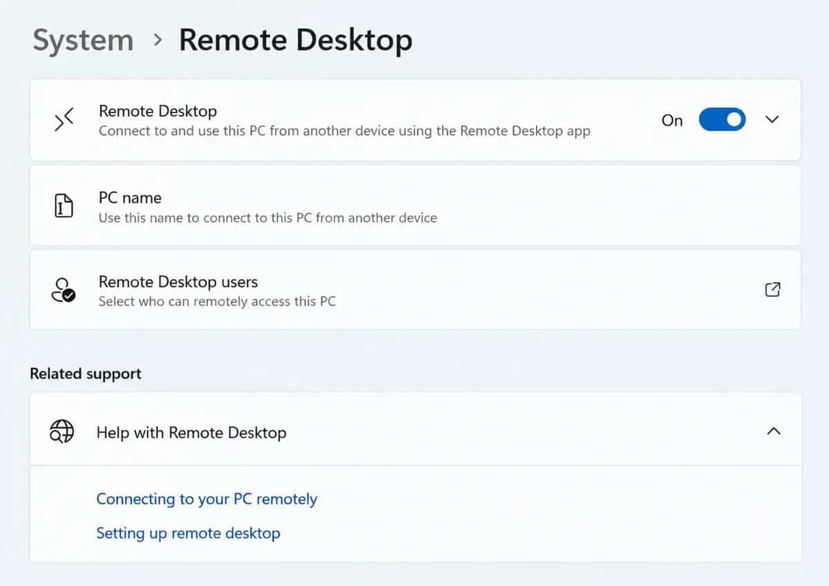 Windows 11 Settings Remote Desktop toggle turned on