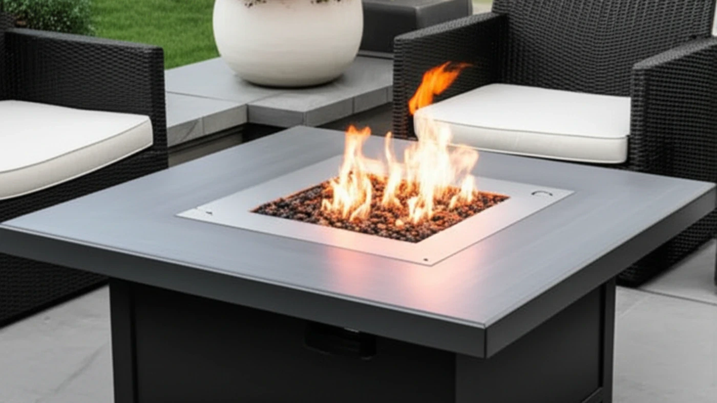 A close-up, slightly high-angle shot of a modern square fire pit table with a grey tabletop and black base. 