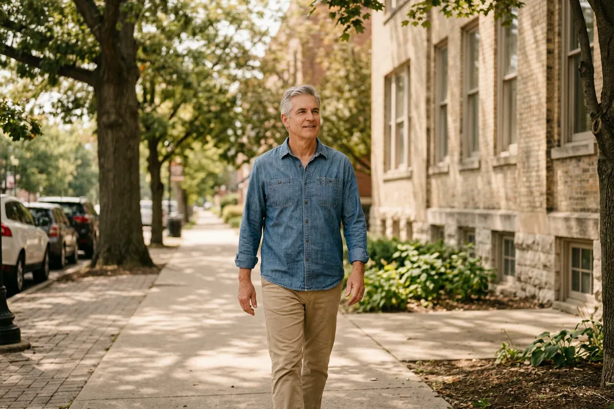 Man in his late fifties taking a short midday walk outside his office to break up a day of sitting