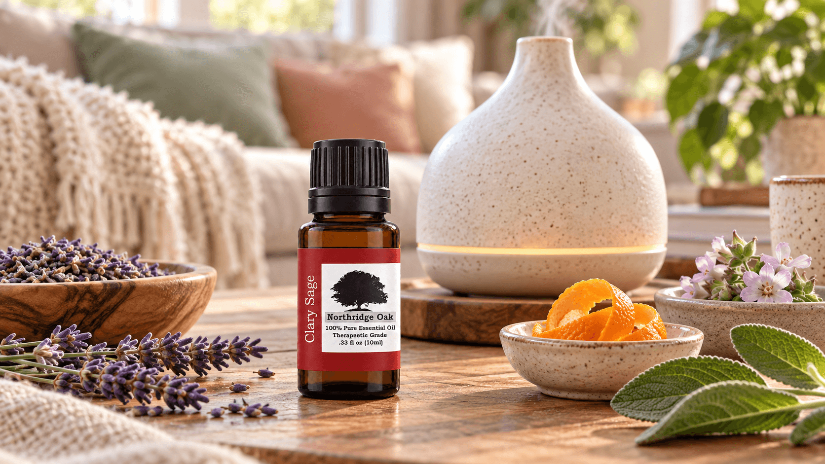Clary Sage essential oil with a diffuser, lavender, citrus and flowers in a cozy living room
