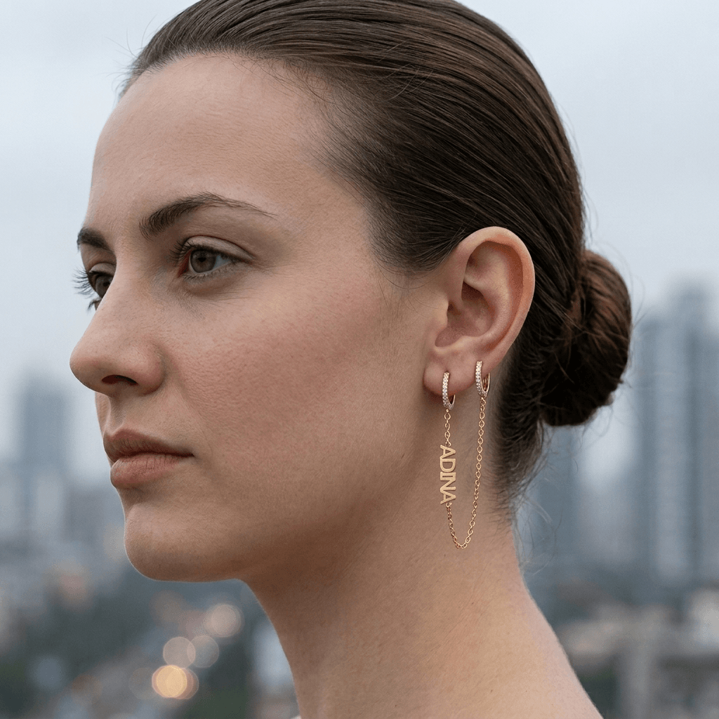 Pave Double Chain Huggie Nameplate Earring