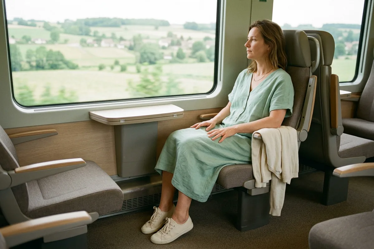 Femme assise dans un train qui fait travailler ses chevilles pendant un long trajet