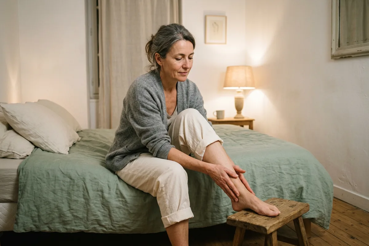 Femme d'une cinquantaine d'années assise au bord de son lit qui masse doucement sa cheville