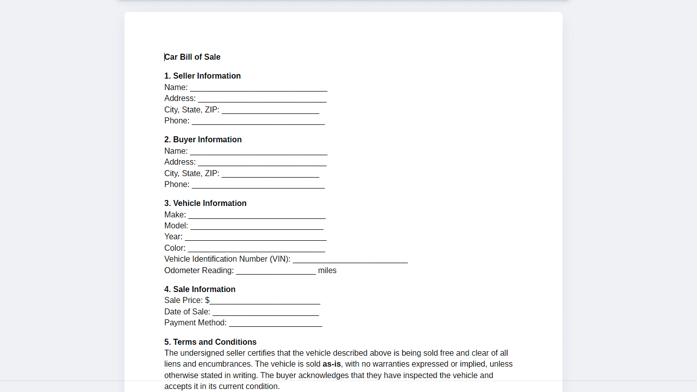 Close-up of a Minnesota bill of sale form, paperwork for how to sell your car fast in Minnesota