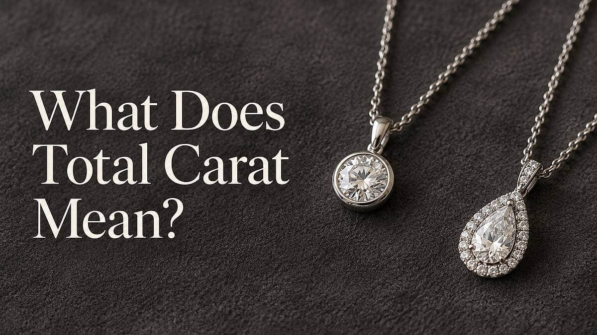 A single-diamond pendant beside a halo pendant, with the headline “What Does Total Carat Mean?