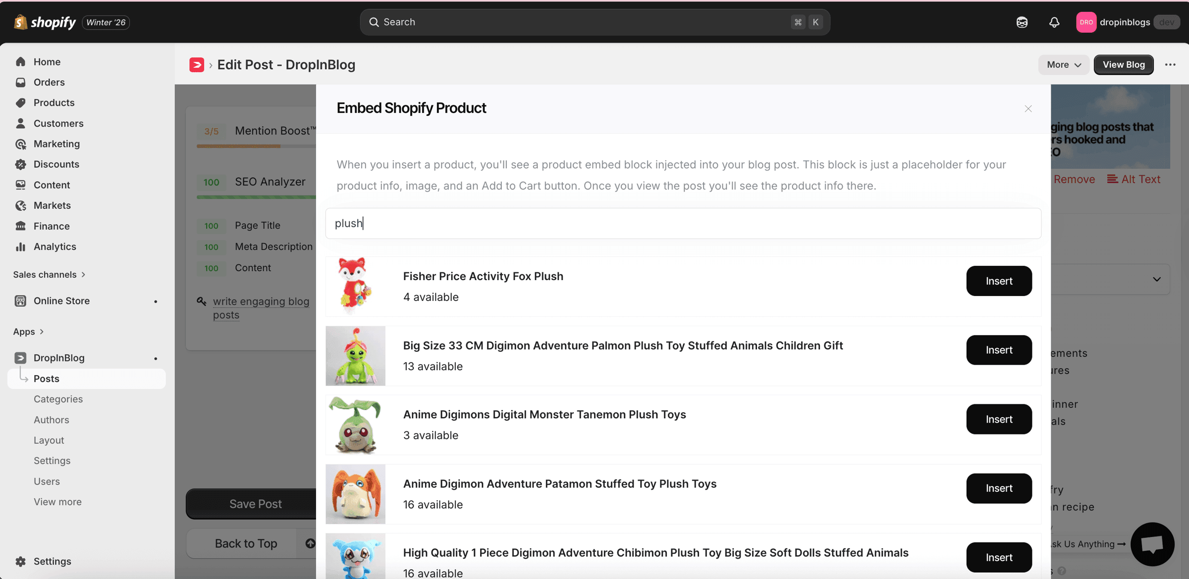 Add products to blog posts using DropInBlog's editor