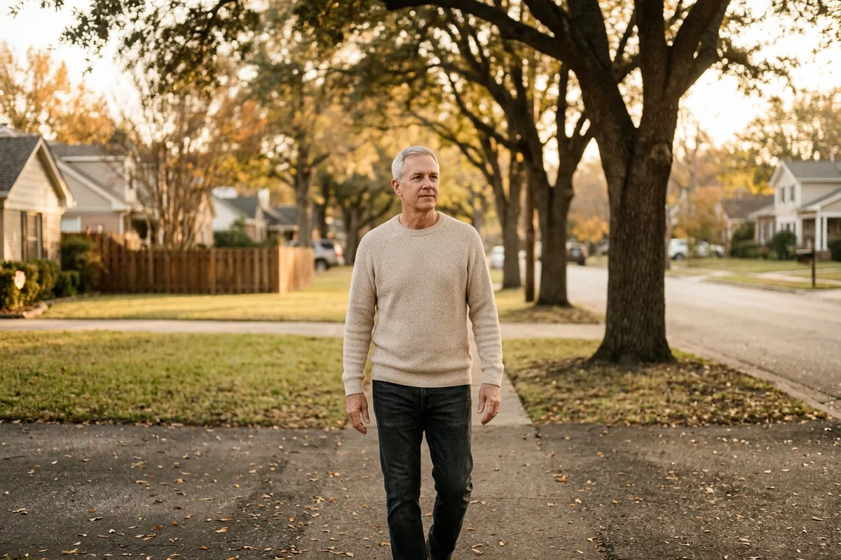 Man in his early sixties walking on a quiet neighborhood sidewalk in the morning