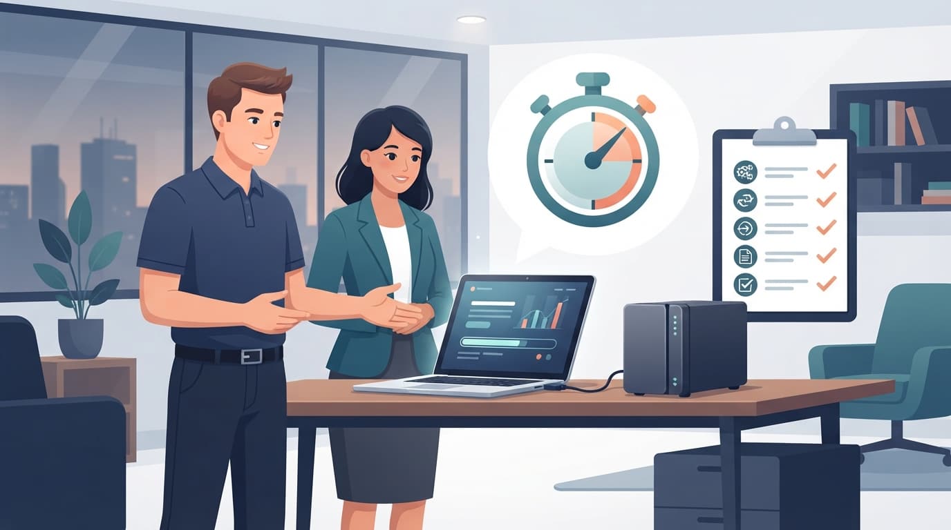 Illustration of an IT technician and business owner timing a backup restore to confirm RTO and RPO targets are met