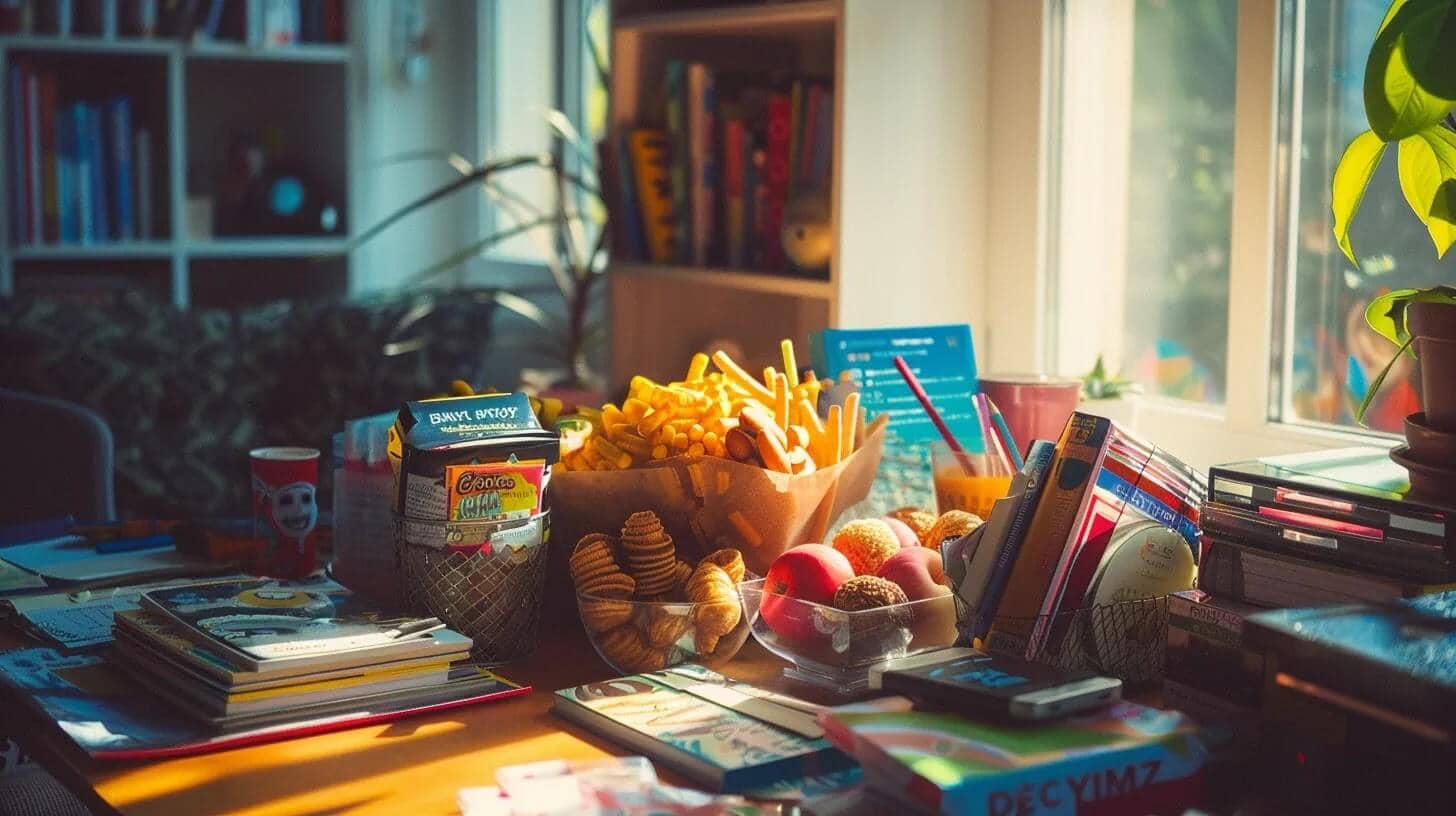 a beautifully arranged college care package overflowing with vibrant snacks and relaxation items, artfully wrapped in colorful, inspiring packaging, sits on a cozy desk bathed in warm, natural light, evoking a sense of comfort and joy amidst a serene study environment.