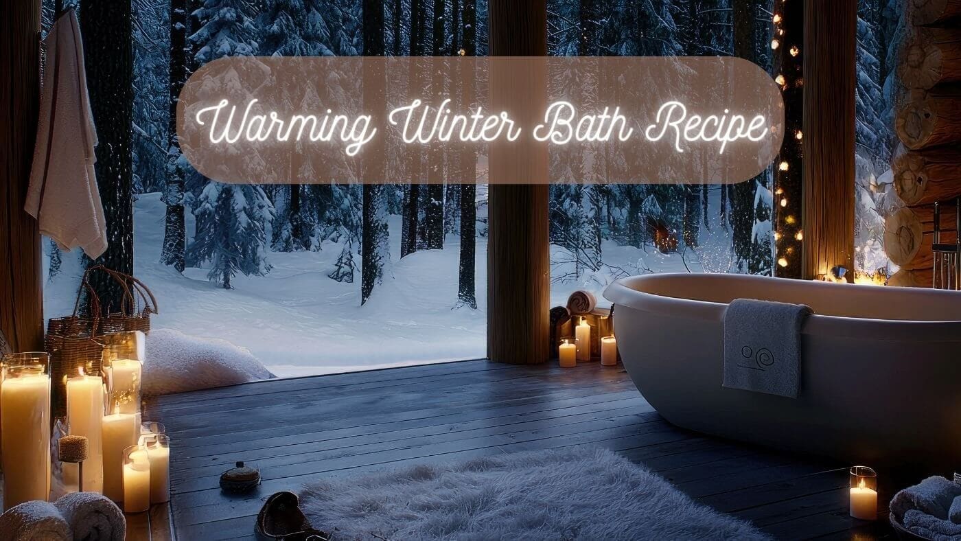 A beautiful candle-lit bath space with a snowy forest at night, with the text 