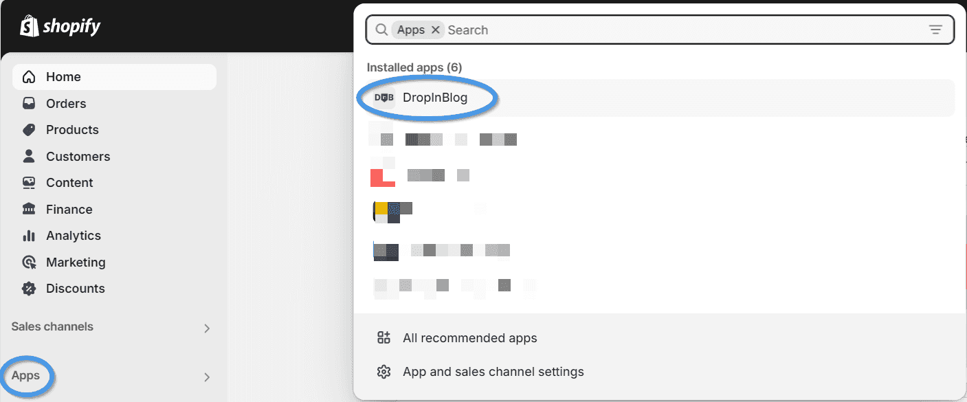 Access the DropInBlog app from your Shopify dashboard