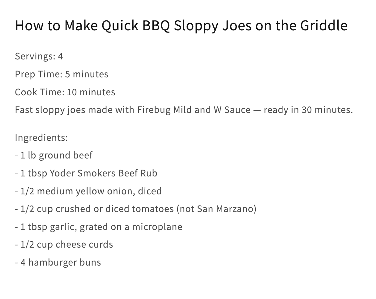 A screenshot showing an example of what a recipe looked like before the DropInBlog integration with Recipe Kit for Shopify users
