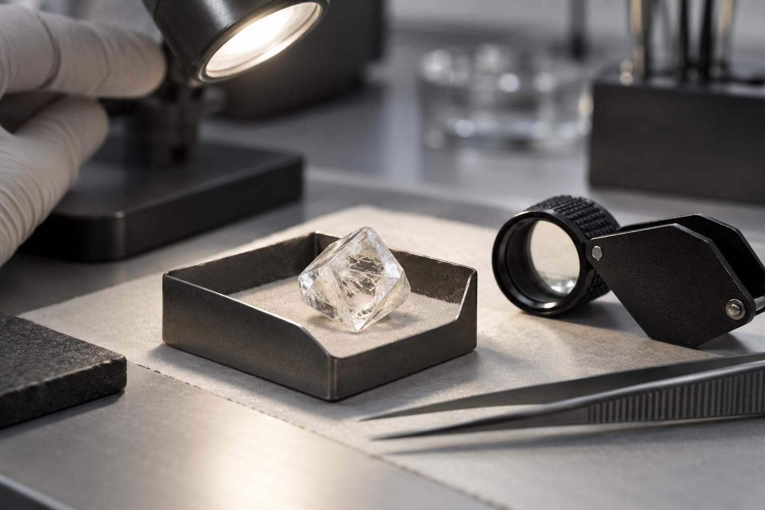 Rough lab-grown diamond crystal on an inspection tray beside a loupe, tweezers and task light