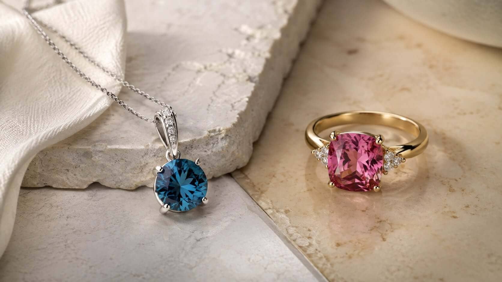Blue topaz and pink tourmaline jewellery showing two contrasting colour personalities